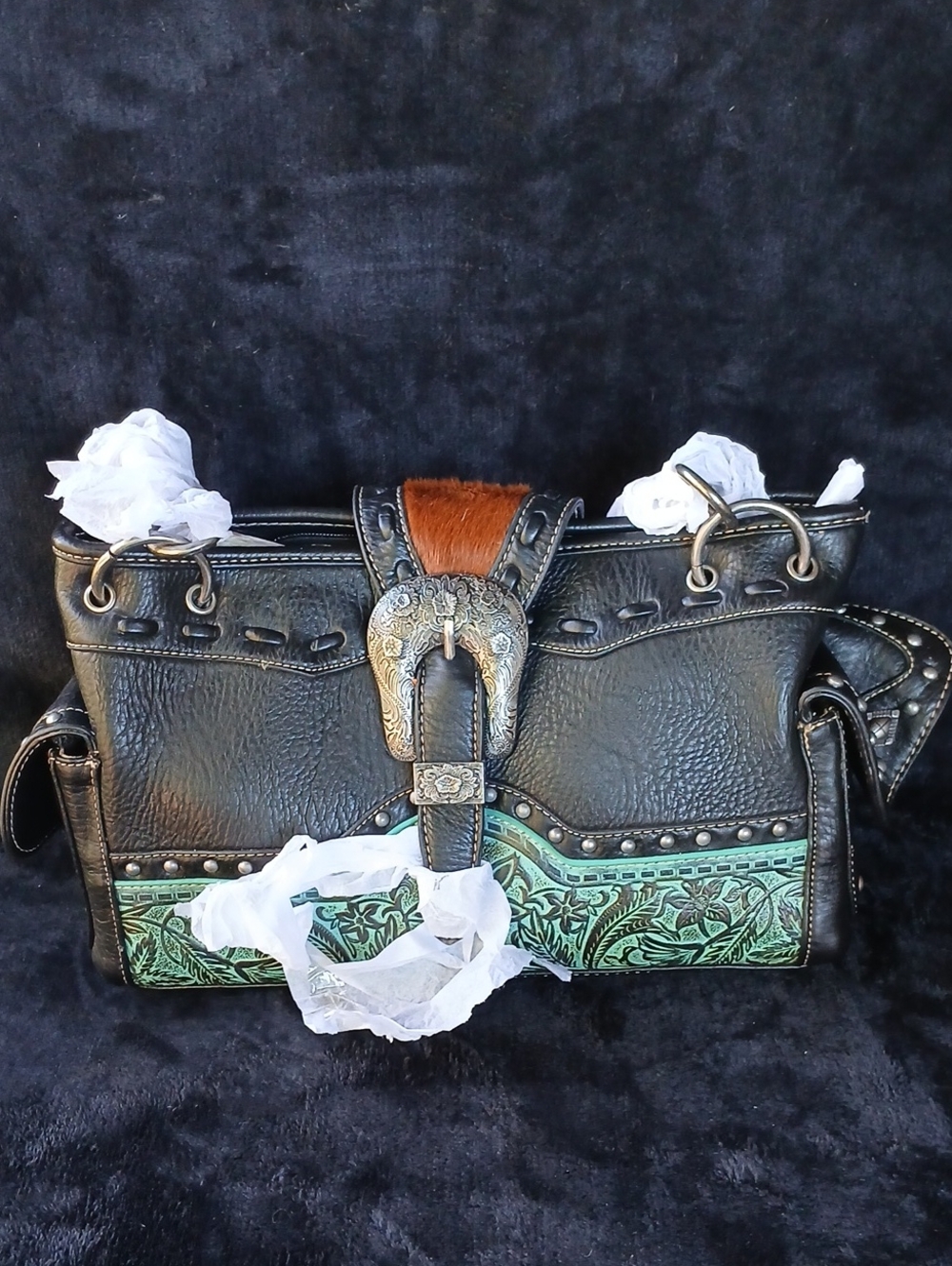 Montana West Black and Turquoise Tooled Leather Shoulder Bag